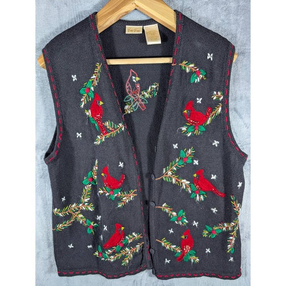 Bobbie Brooks Jackets & Blazers - Vtg Bobbie Brooks Woman Plus Cardinal Bird Embroidered Black Sweater Ves 22W 24W